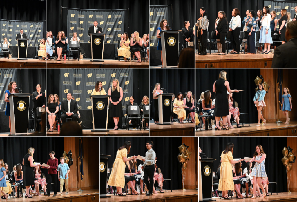 students receiving awards on stage